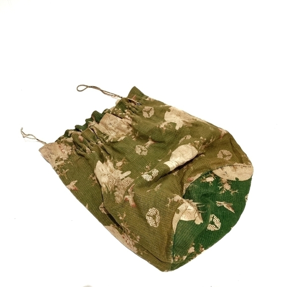 FABRIC VINTAGE 1920 Jewelry Bag Drawstring Green Floral Makeup Whatnot Bag - Picture 5 of 12